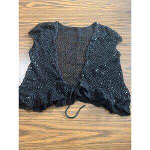 Black knitted sequined short flared open front cardigan